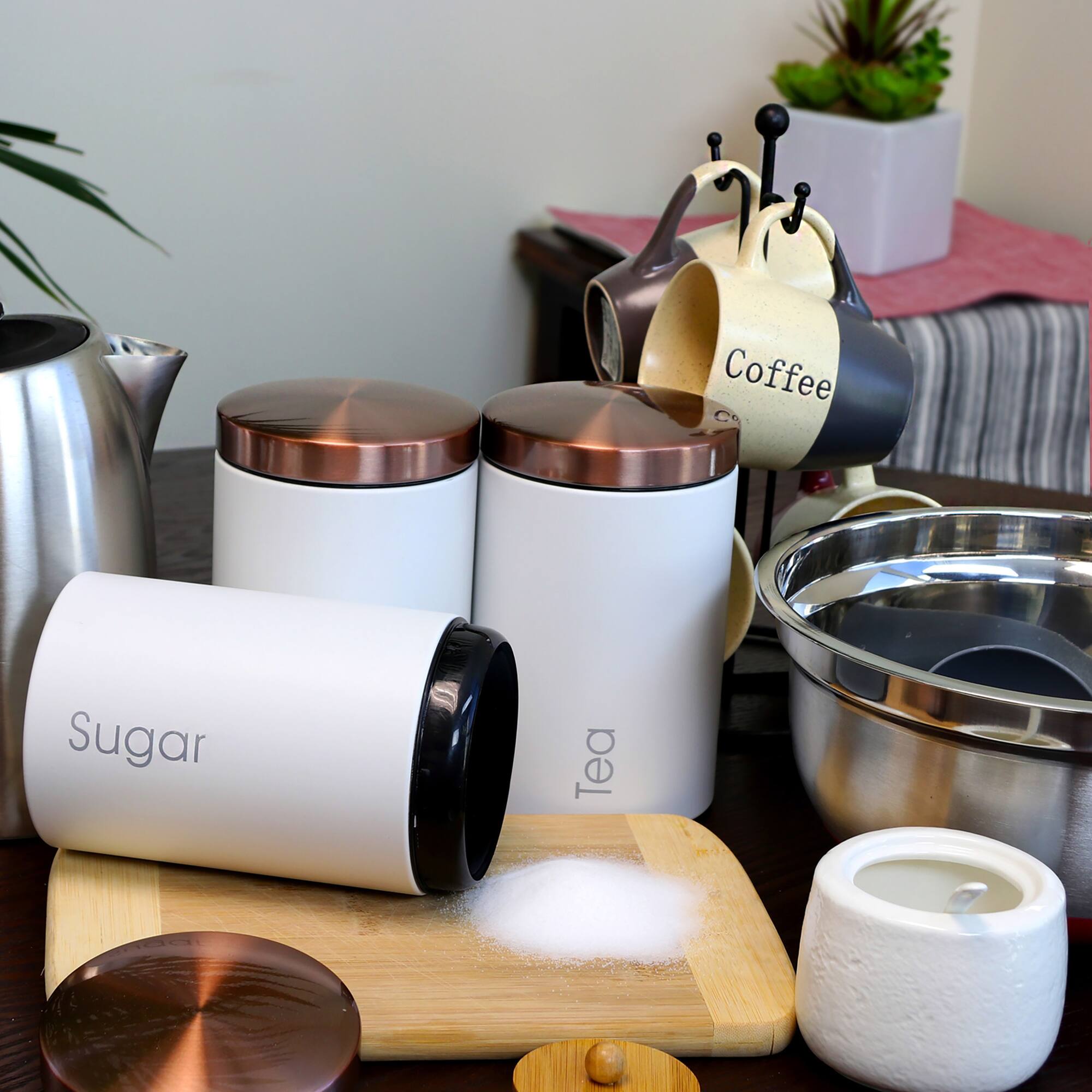 MegaChef Essential Kitchen Storage Matte White 3-Piece Sugar, Coffee & Tea Canister Set